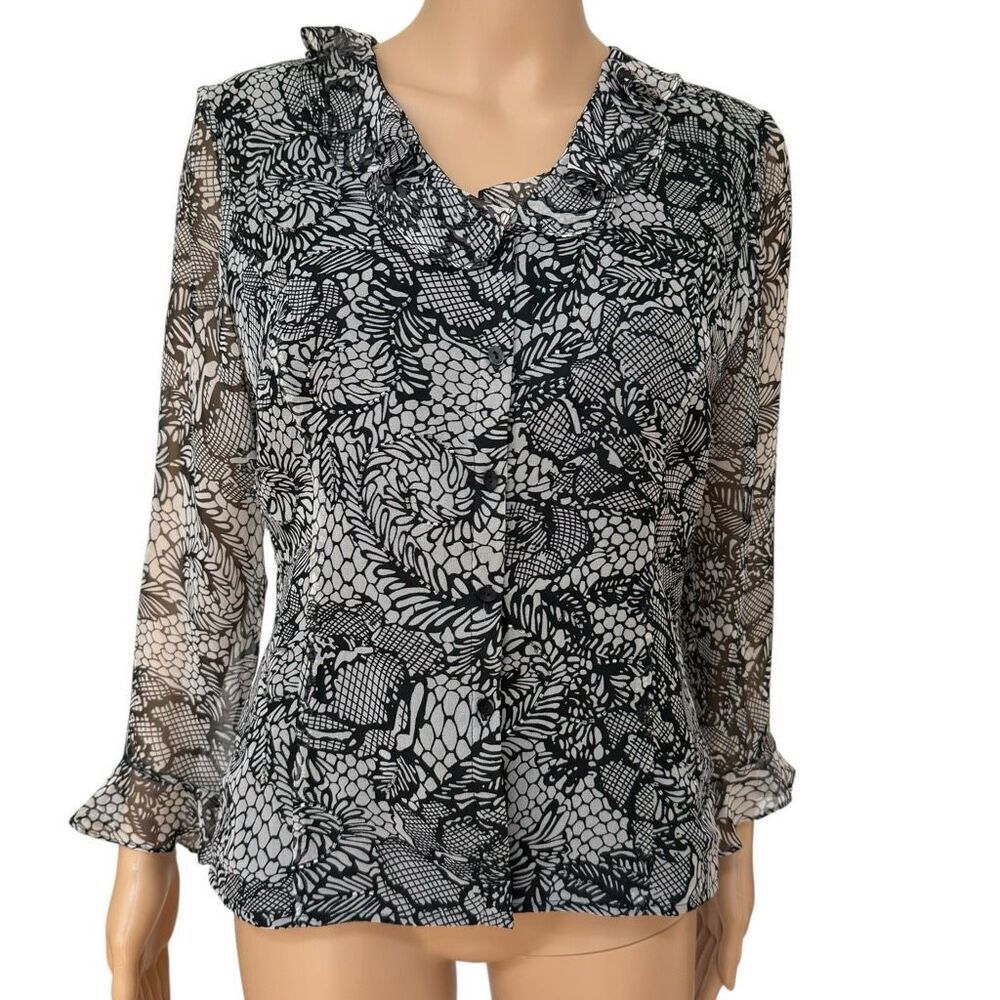 Ice vintage 100% silk button down ruffled blouse beaded floral size M